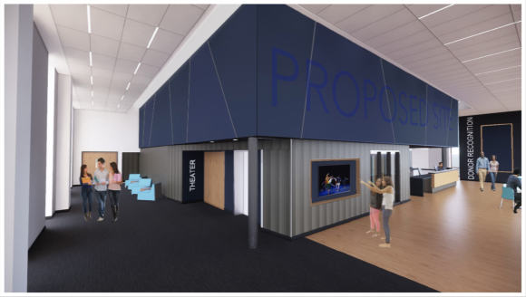 Image is a rendering and shows the proposed space for the artwork in the Sloan Performing Arts Center. Image is a rendering and shows the proposed space for the artwork in the Sloan Performing Arts Center.