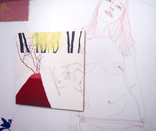 "string girl",thread, needles, paint, 135 x 80" "string girl",thread, needles, paint, 135 x 80"